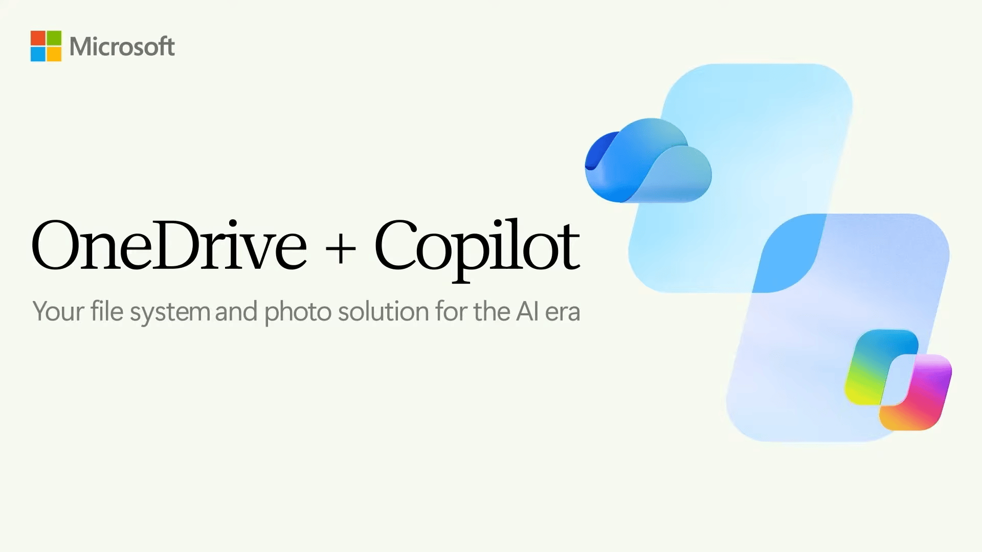 Microsoft graphic with cloud icons reading 'OneDrive + Copilot: Your file system and photo solution for the AI era.'
