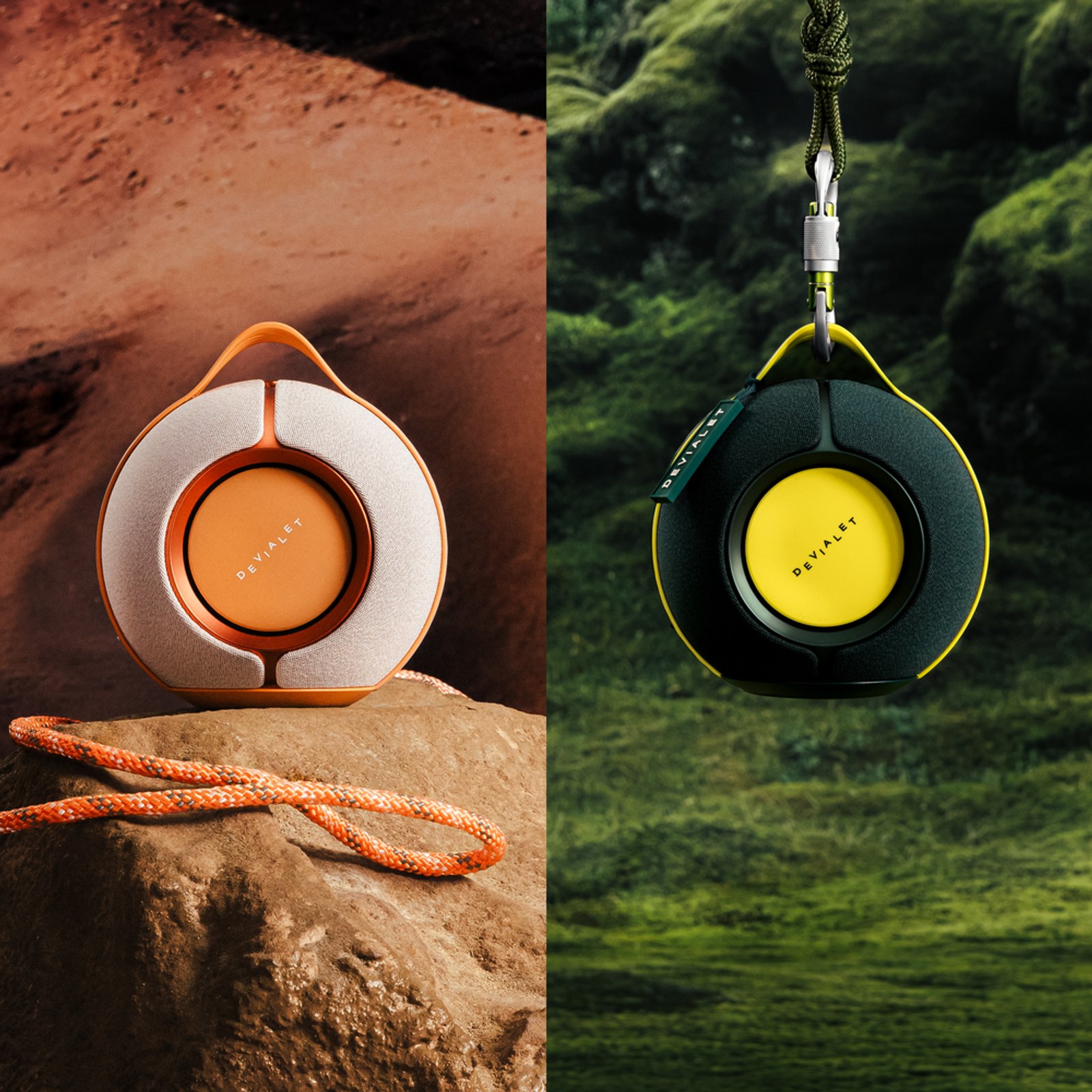 Devialet Mania 兩款戶外配色喺岩石同苔蘚場景嘅產品圖