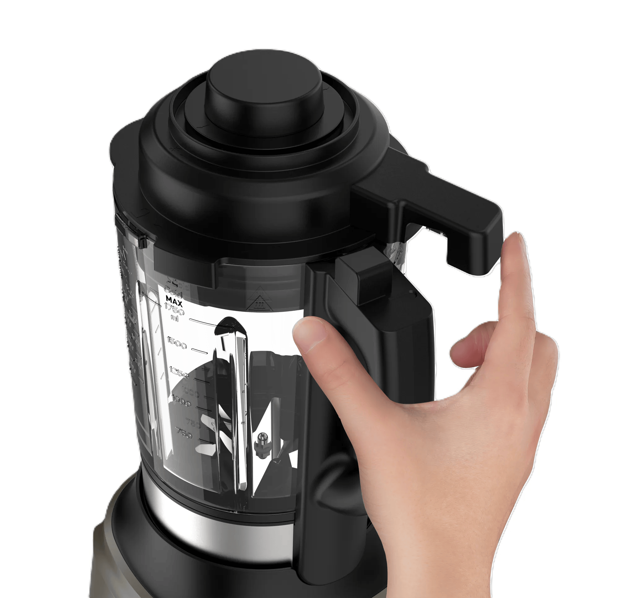 手扣住 Tefal 攪拌機玻璃杯手柄，杯蓋鎖上安全鎖