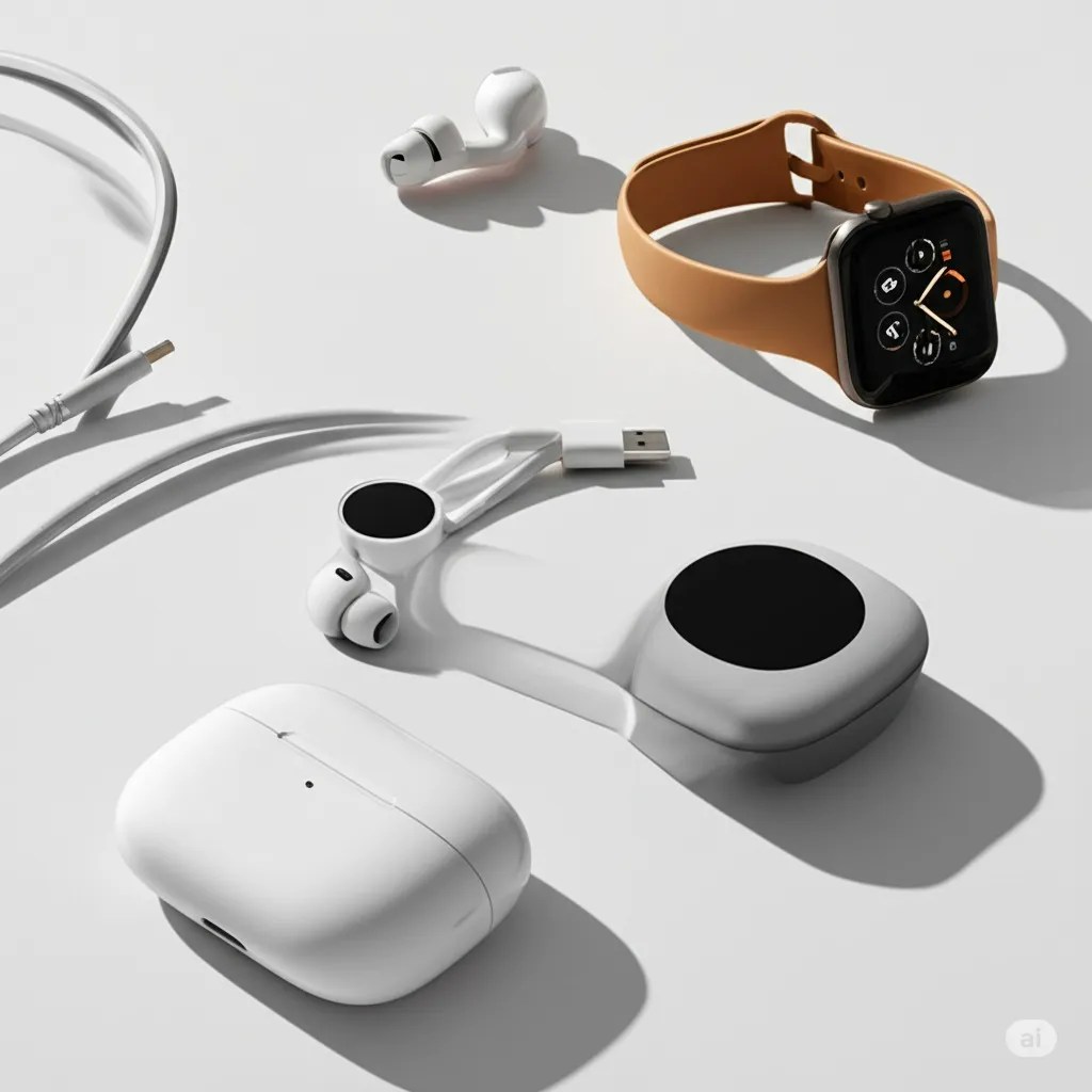 Modern mobile accessories including cable, earbuds, and phone case etc.