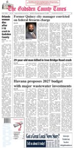 GCT_091726 Front page of the September 17, 2026 edition of The Gadsden County Times reporting on former Quincy city manager Robert Nixon convicted on a federal firearm charge featuring his portrait, traffic fatalities on I-10 and Iron Bridge Road, and Havana proposing its 2027 budget with major wastewater investments.