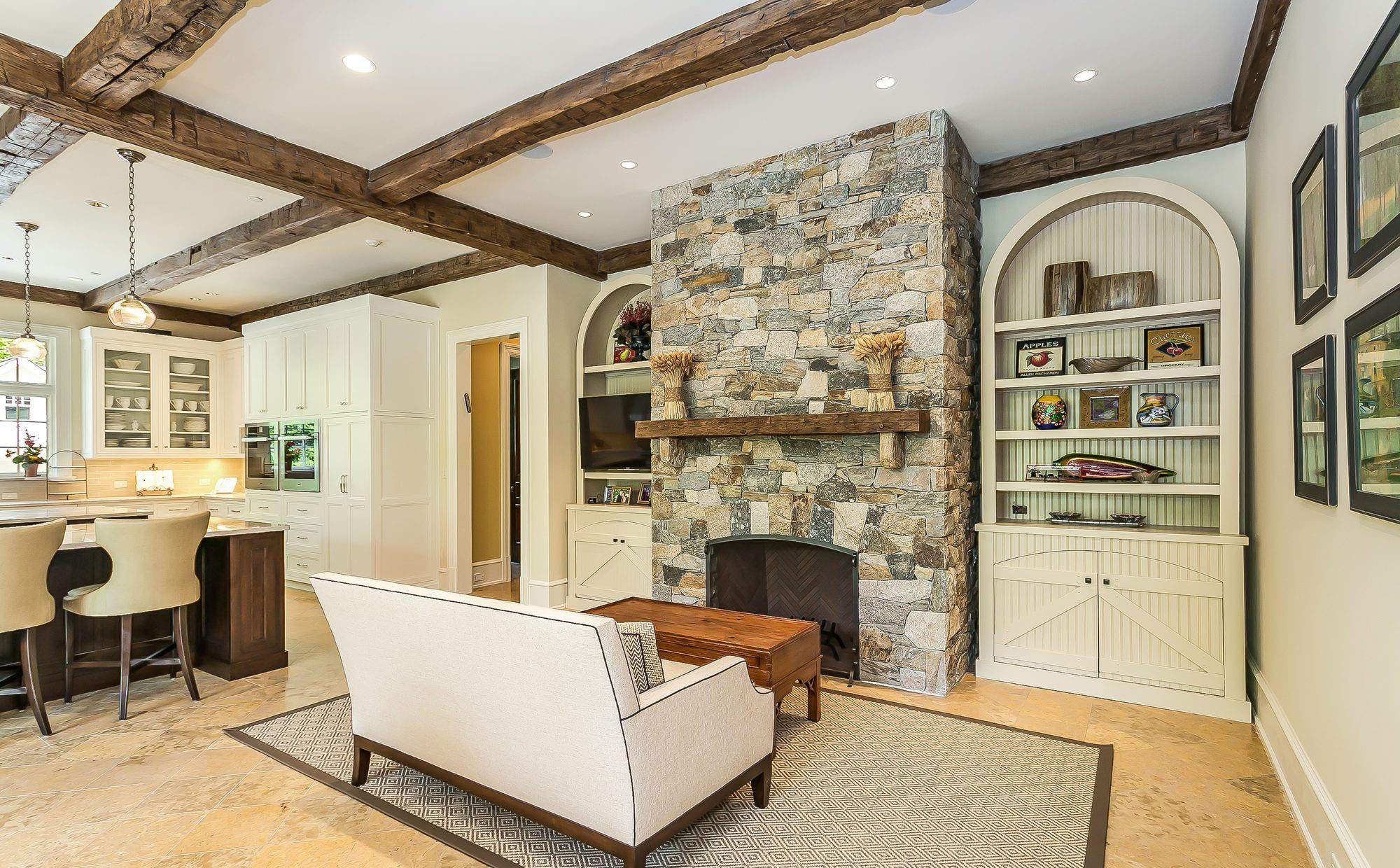 Stone Floor To Ceiling Fireplace With Rustic Mantle Living Room Remodel Small House Remodel Small Basement Remodel