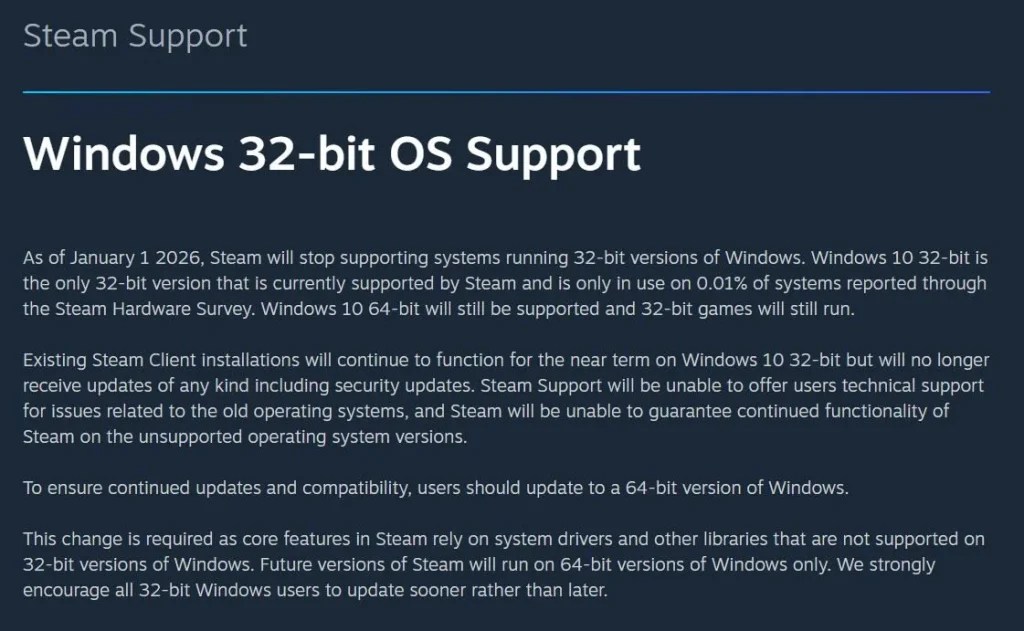 Steam Akhiri Dukungan Windows 32 Bit Di Tahun 2026 Gamebrott Com Steam Support W10 32 Bit