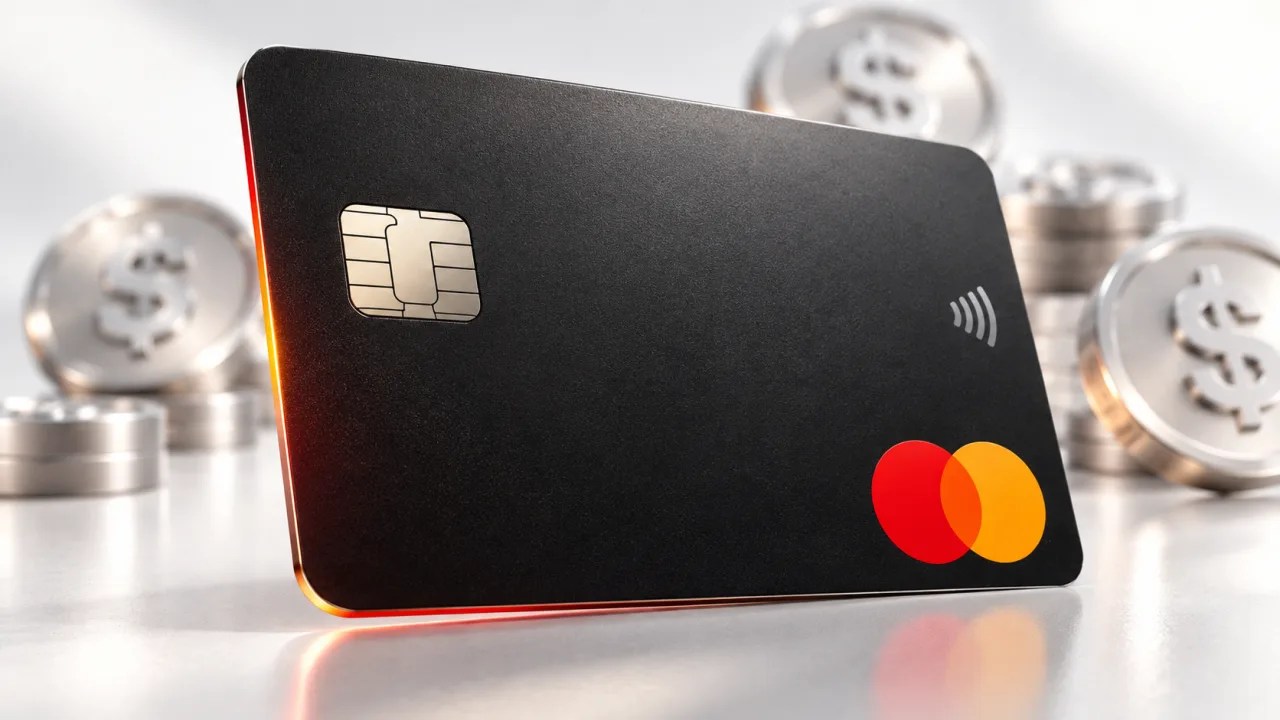 Mastercardの決済カードを主役に、背景へ複数のドル連動型ステーブルコインを配置したイメージ