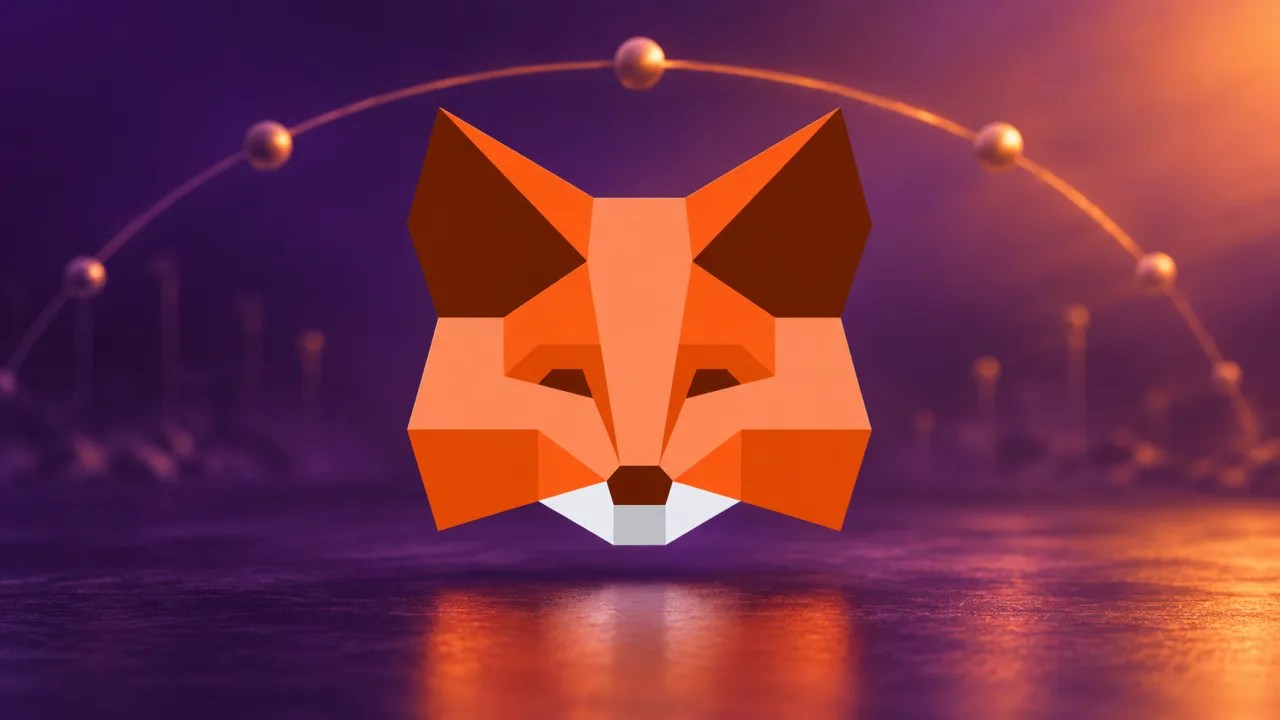 MetaMaskのキツネマークと、予防的なバリデータ退出を示す抽象的なネットワーク表現