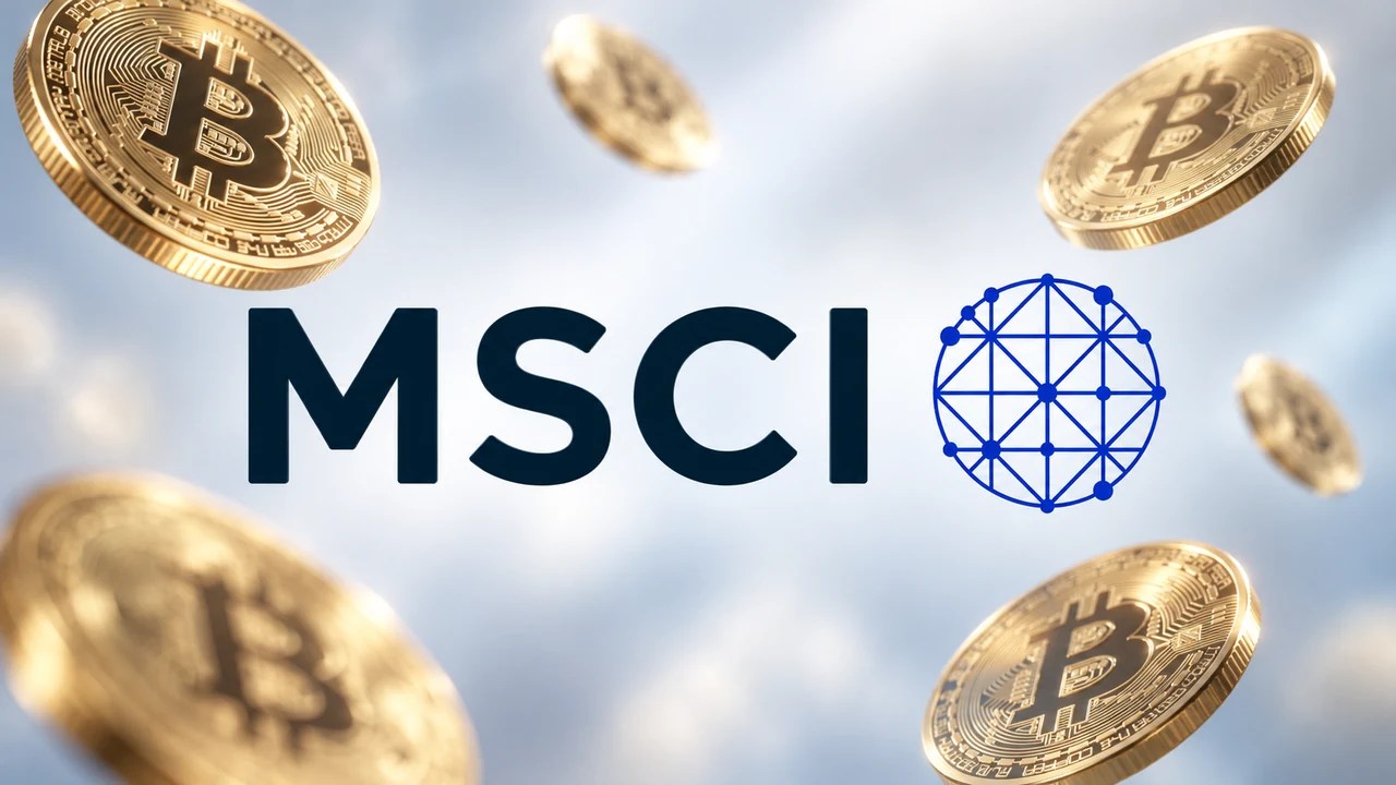 MSCIのロゴを中心に、複数のビットコインが奥行きのある空間に浮かぶイメージ