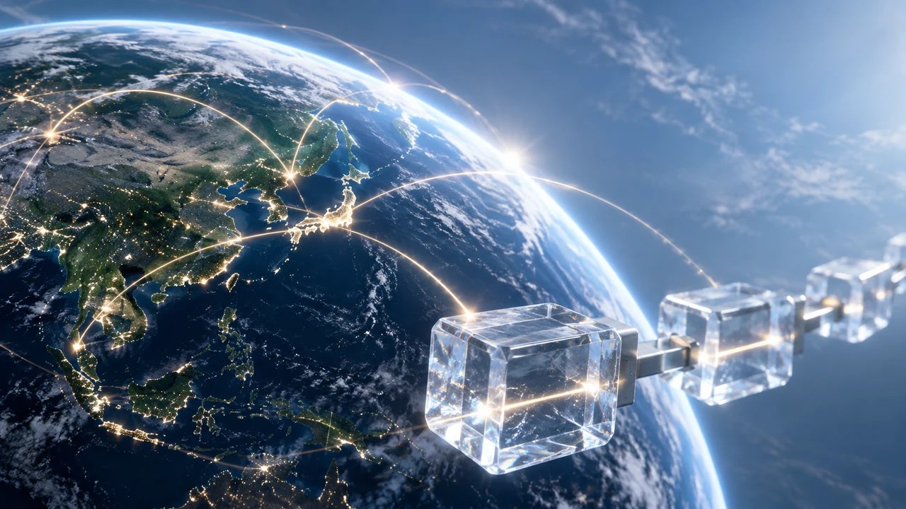 地球を結ぶ通信線と連結ブロックで表した、デジタル証券とステーブルコインの決済ネットワーク。