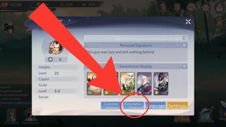 character information interface in beyond warrior with arrow pointing