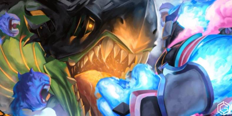 Blox Fruits official art for Roblox where a dragon-like creature wearing a helmet is battling it out with other blue species.