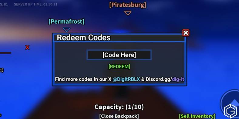 The Redeem Codes tab in Dig It, where you can insert your working codes to redeem rewards.