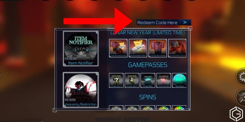 A pop-up box, with a red arrow pointing towards the Redeem Code Here to the right.