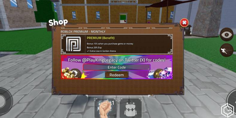 A pop-up window with the words “Shop” at the top of it. A dialog box is present, where codes are typed in to redeem rewards.