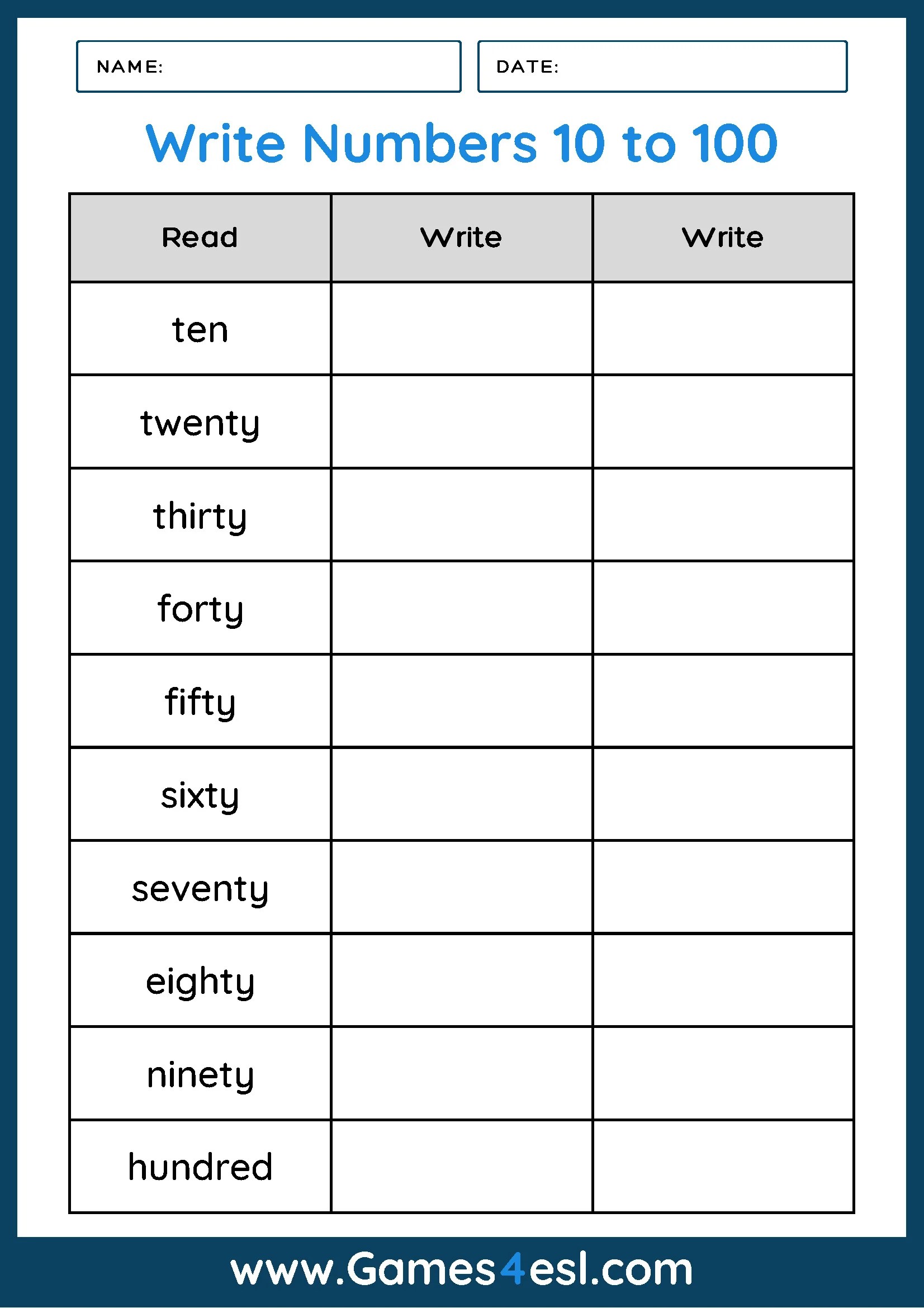 Numbers as words worksheets
