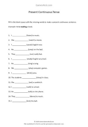 present continuous worksheets games4esl