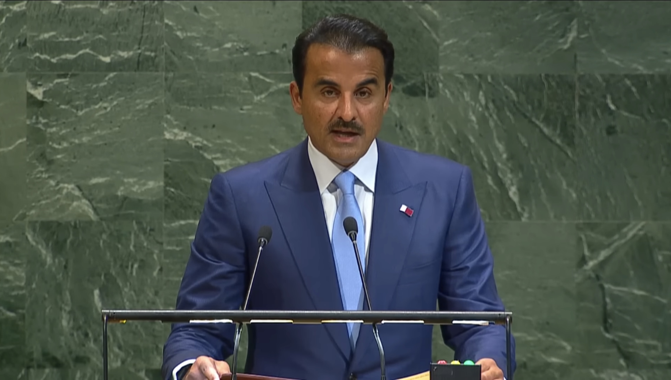 Emir of Qatar Sheikh Tamim bin Hamad al-Thani addressing the United Nations General Assembly September 23, 2025 (UN video capture)