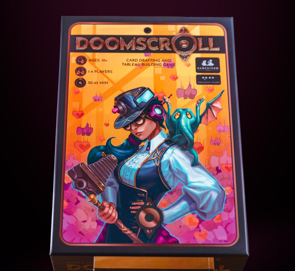 Doomscroll card game box.