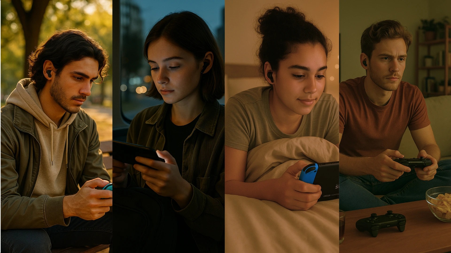 Collage of different people playing video games in different environments