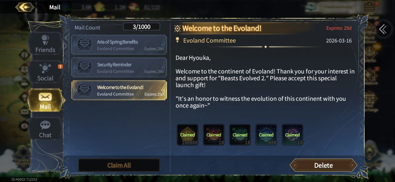 Mail Rewards in Beasts Evolved 2