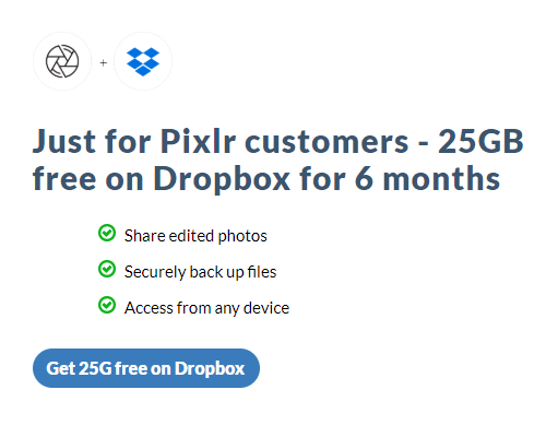 Pixlr + Dropbox 兑换 25GB 促销空间