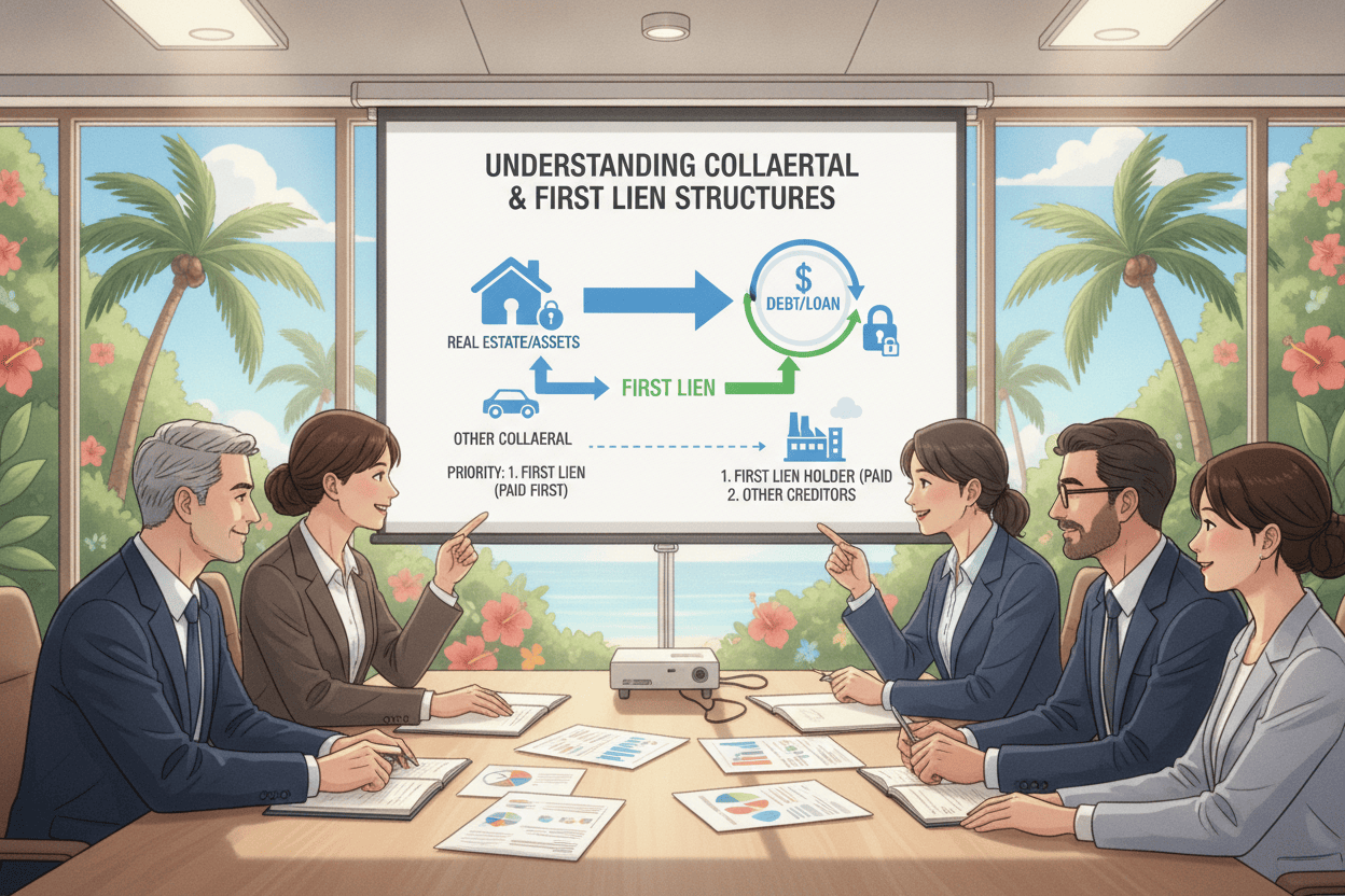 A clear, informative illustration depicting "Understanding Collateral and First Lien Structures" in a business setting. In the foreground, a diverse group of professionals in business casual attire, engaged in discussion around a table filled with charts and diagrams. The middle ground shows a projector displaying a complex diagram that simplifies collateral and first lien structures, using flowing lines and identifiable icons like houses and dollar signs. The background features a bright, tropical scene visible through large windows, filled with greenery and natural light, creating an optimistic and inviting atmosphere. The lighting is soft and warm, enhancing the focus on the professionals' expressions of collaboration and understanding. The image captures a sense of teamwork and expertise in a modern, yet relaxed environment.