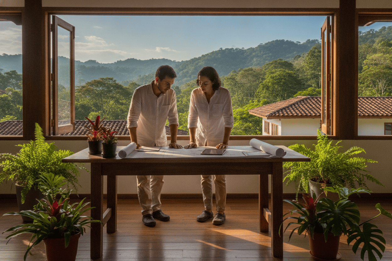 A professional setting in Costa Rica, featuring individuals navigating the complexities of construction permits and funding. In the foreground, two professionals in modest casual clothing are examining blueprints and documents on a rustic wooden table, surrounded by potted tropical plants. In the middle ground, a window reveals a view of lush green landscapes and a clear blue sky, showcasing the tropical environment. The background includes glimpses of low-profile, traditional Costa Rican architecture and hills. Natural light pours into the space, casting warm reflections and creating an inviting atmosphere. The scene conveys a sense of collaboration and purpose, with a focus on community development amidst a vibrant tropical backdrop.