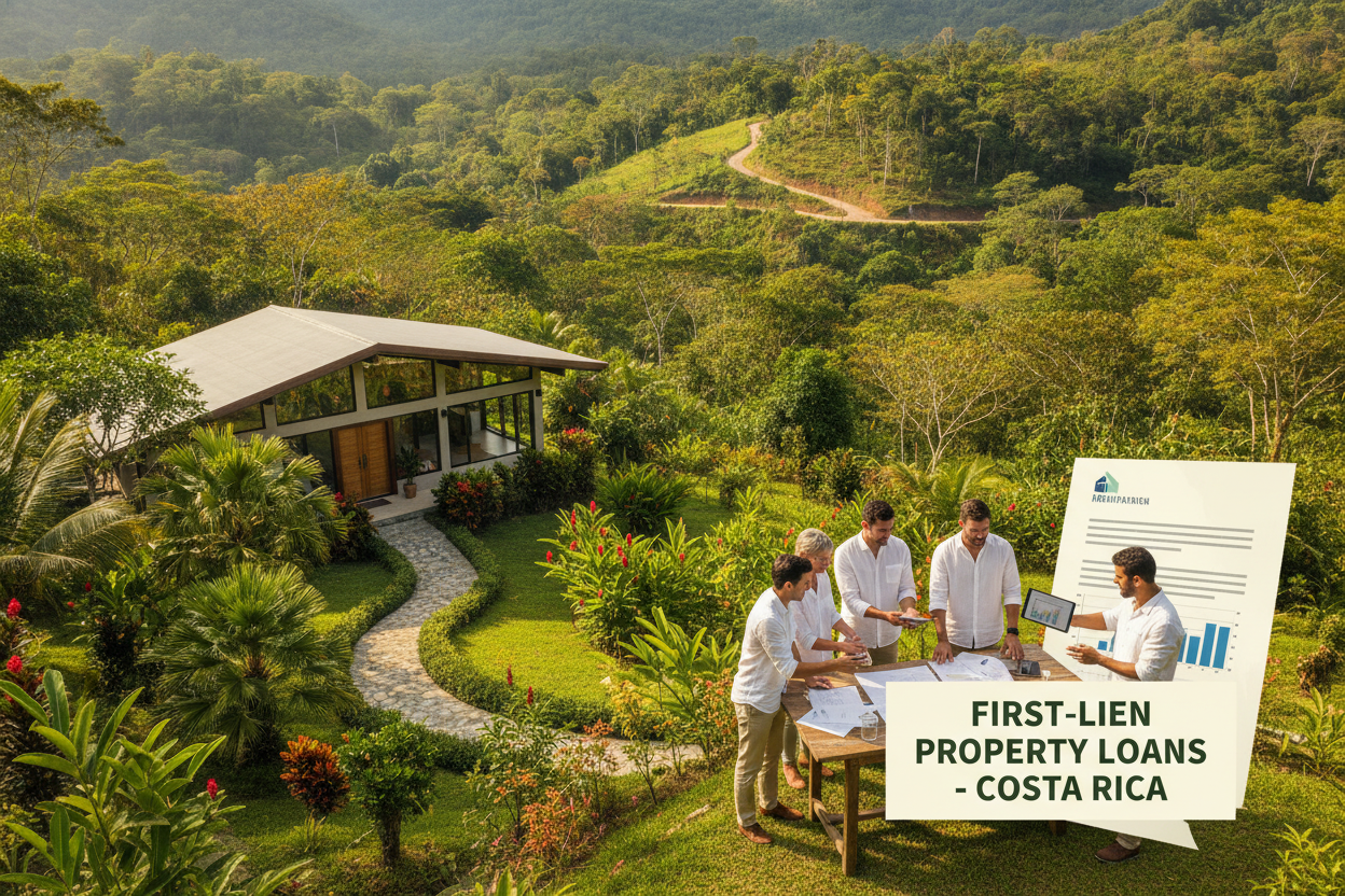 A vibrant Costa Rican landscape showcasing first-lien structures, with a foreground that includes a small property, featuring a cozy, modern home surrounded by lush tropical vegetation. In the middle ground, depict a group of professionals in casual, modest attire engaged in a discussion, analyzing documents related to property-back loans. The background should highlight gentle rolling hills with diverse tropical flora under bright, natural sunlight, creating a warm and inviting atmosphere. Use a wide-angle lens perspective to capture the depth of the scene. Focus on soft shadows and the vivid green of the plants, evoking a sense of security and growth in property investment.