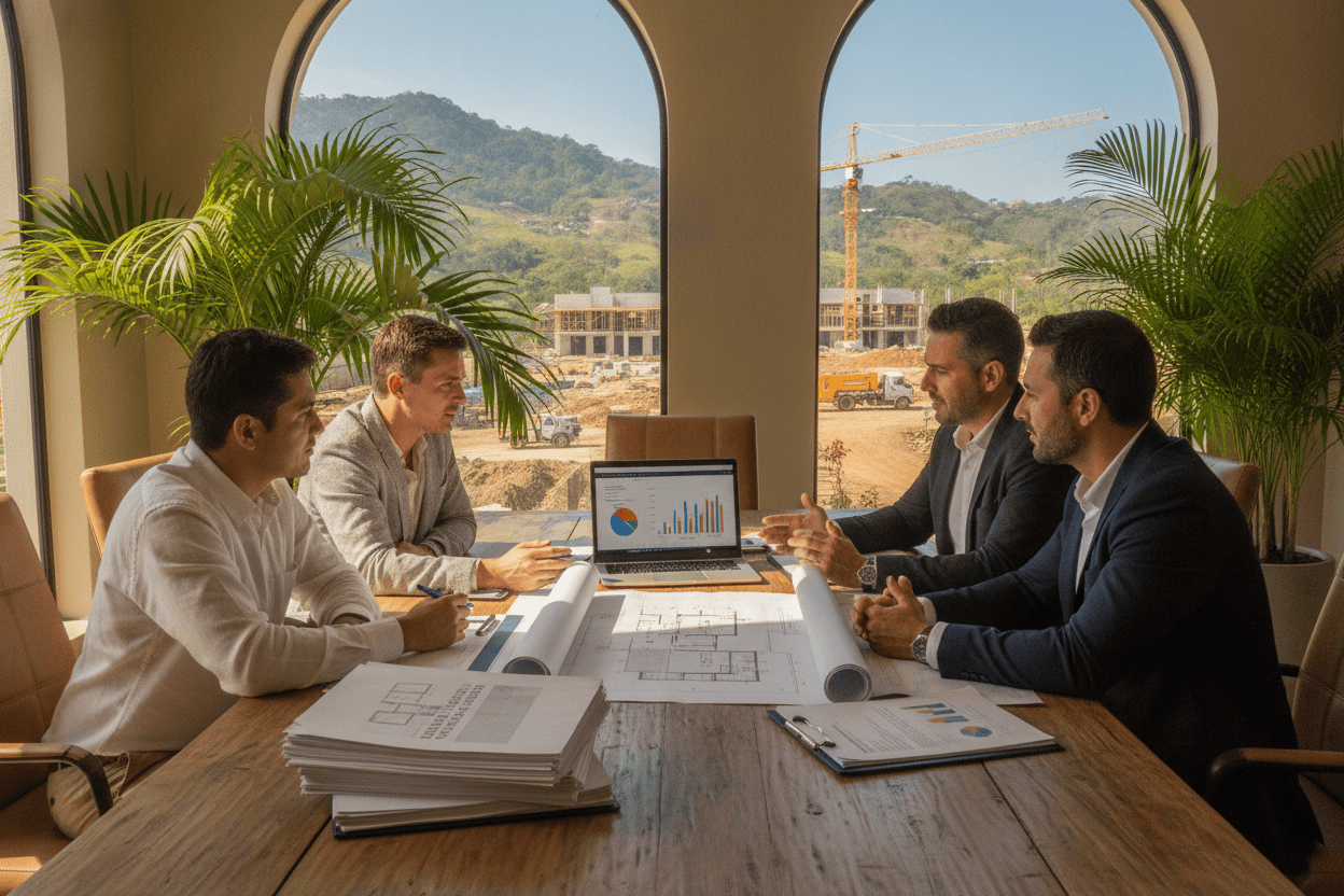 A vibrant scene showcasing a professional working environment focused on structuring development loans and construction funding in Costa Rica. In the foreground, a diverse group of four professionals, dressed in smart casual attire, are engaged in a discussion around a large wooden table, which is cluttered with architectural plans, financial documents, and a laptop displaying graphs. In the middle, lush tropical plants peek through large windows, letting in warm, natural light that creates a welcoming atmosphere. The background features a view of green hills and a clear blue sky, suggesting a thriving construction site. The overall mood is collaborative and focused, emphasizing teamwork and innovation in financing development projects. The angle is slightly elevated to capture the layout and details of the workspace clearly, enhancing the professional vibe.