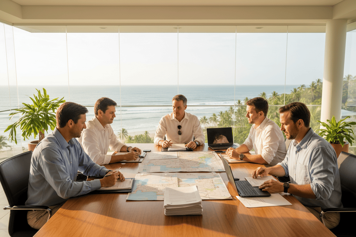 Six men meeting around a conference table with maps and laptops in a room facing the ocean