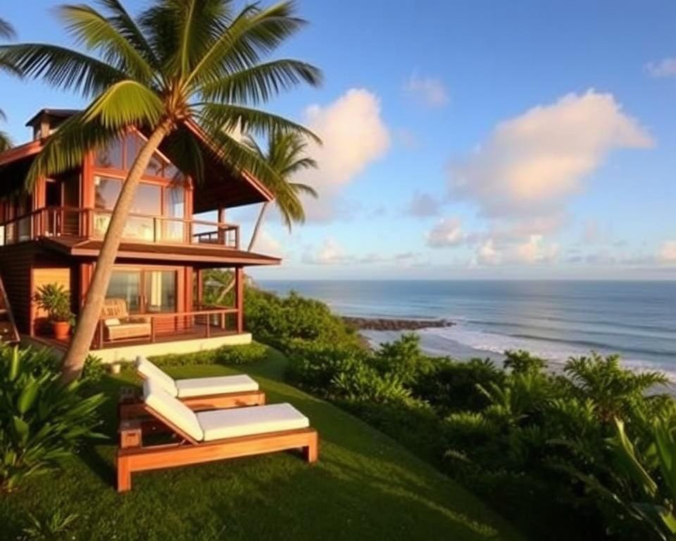 Wooden beach house with loungers on a green slope above the Pacific