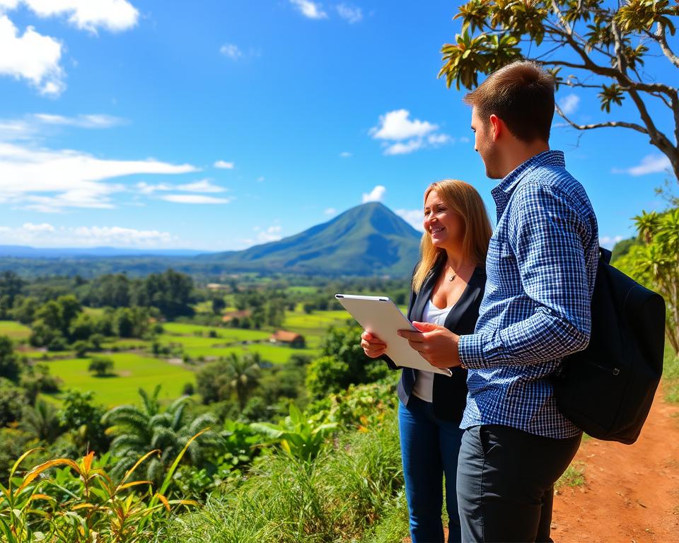 Couple looking at a tablet on a hillside path overlooking a green valley and a volcano