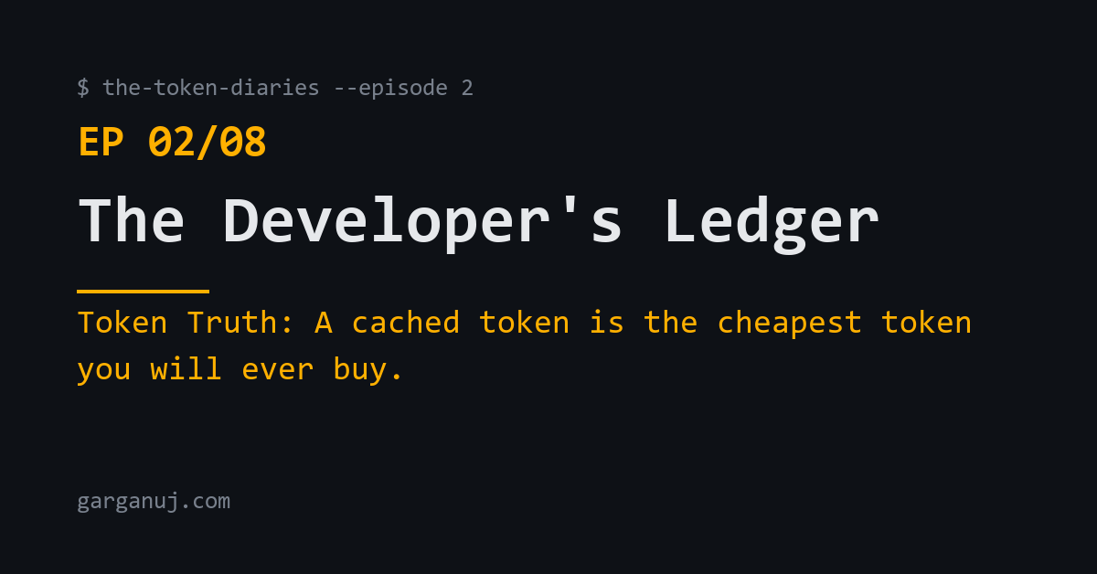 Dark console-style card reading The Developer's Ledger, Episode 2 of 8 of The Token Diaries