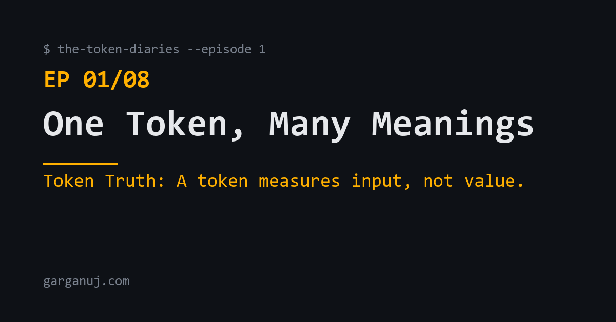 Dark console-style card reading One Token, Many Meanings, Episode 1 of 8 of The Token Diaries