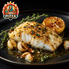 Roasted cod with garlic, lemon and herbs served with Garlicjam garlic jam