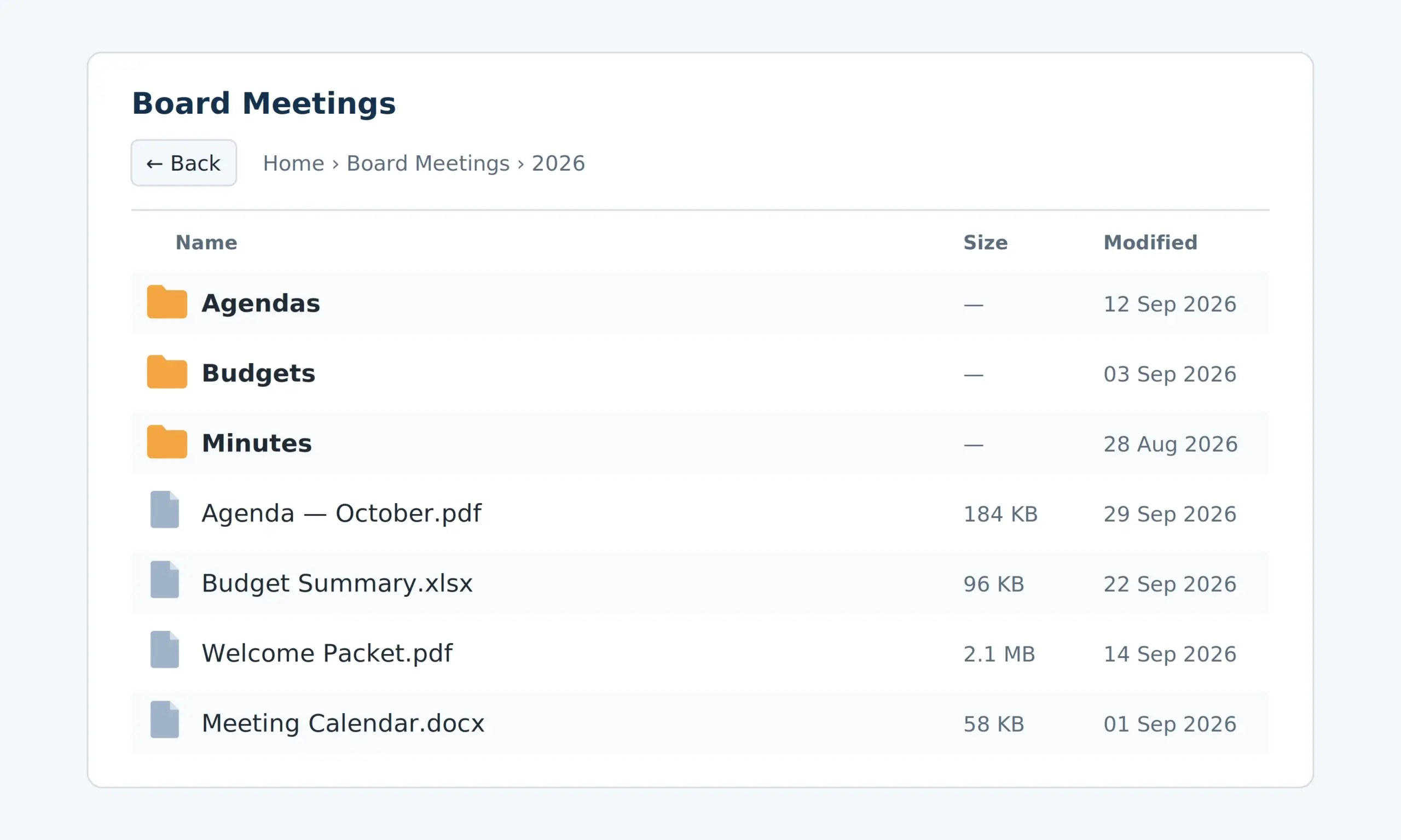 A file browser showing a Board Meetings folder with three subfolders and four files, a breadcrumb trail above the list, and a Back button.