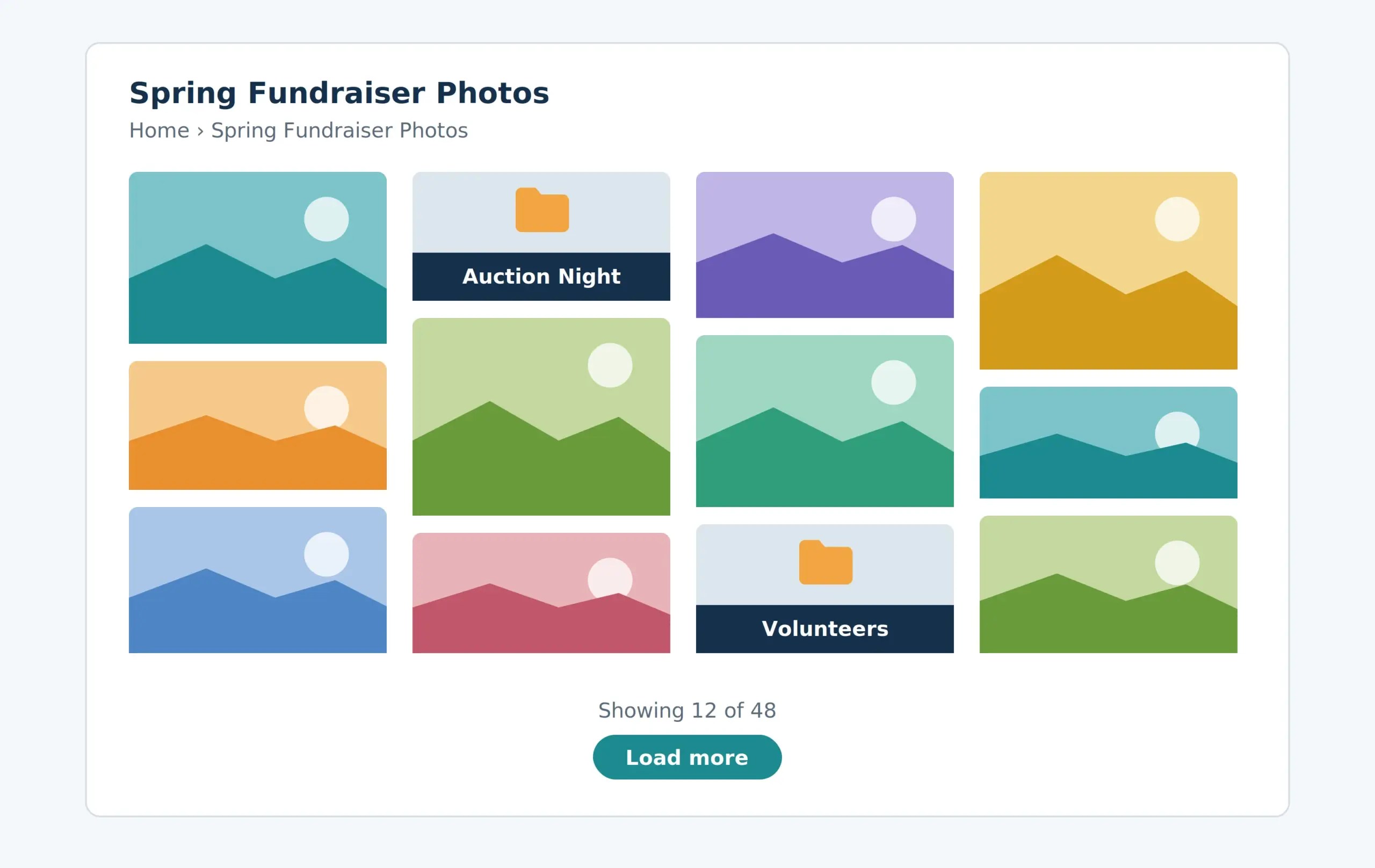 A masonry photo gallery of ten sample picture tiles and two folder tiles with name bars, and a Load more button under the grid reading Showing 12 of 48.