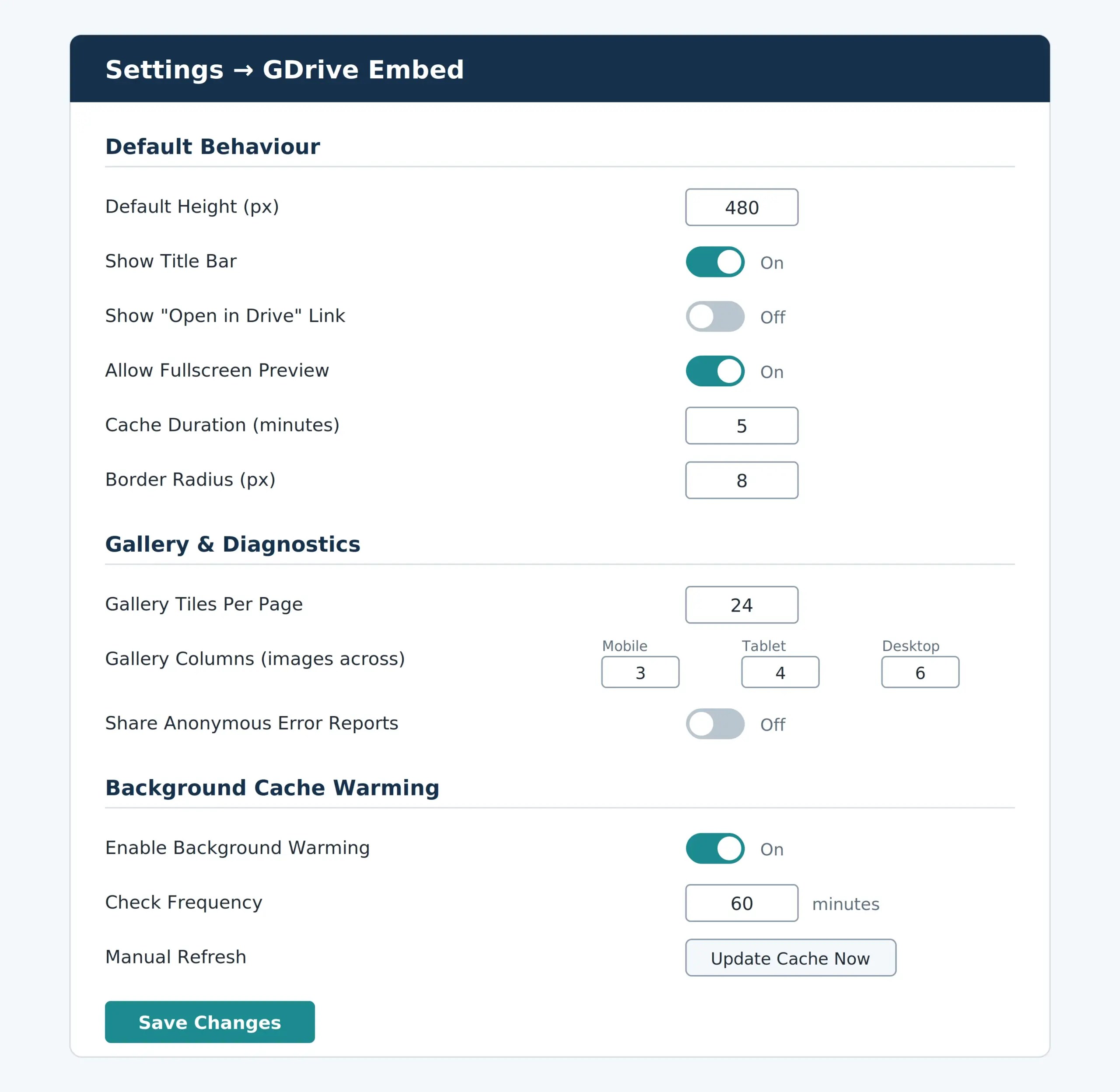 The Simple GDrive Embed settings screen in three sections, with each option's label and default value.