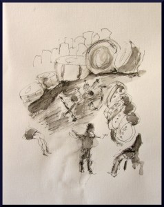 Four Horns at Palau de la Musica pen and ink, the original drawing