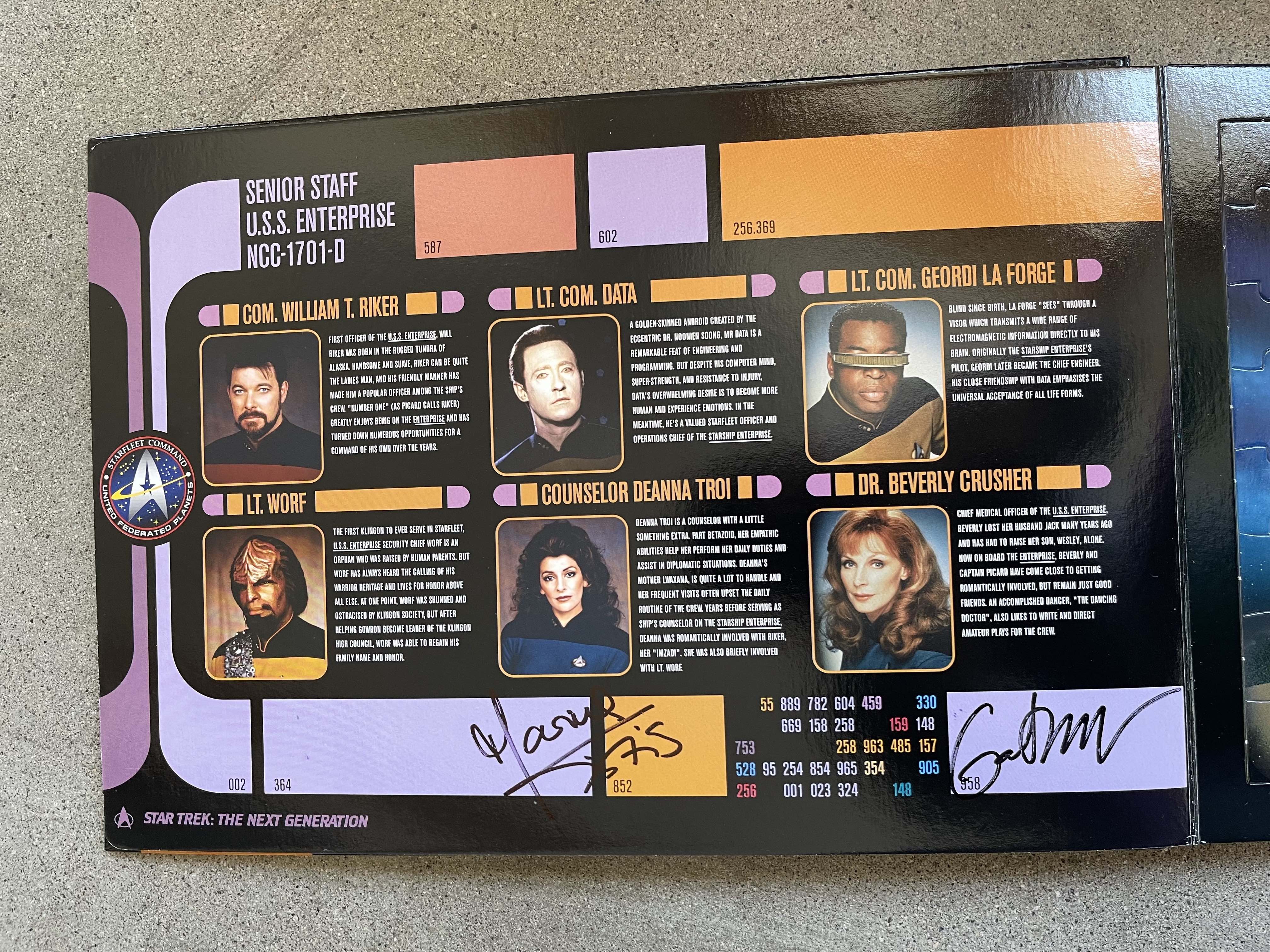 Star trek the next generation jigsaw puzzle book – signed by gates, marina  sirtis, brent spiner, and michael dorn – gates mcfadden