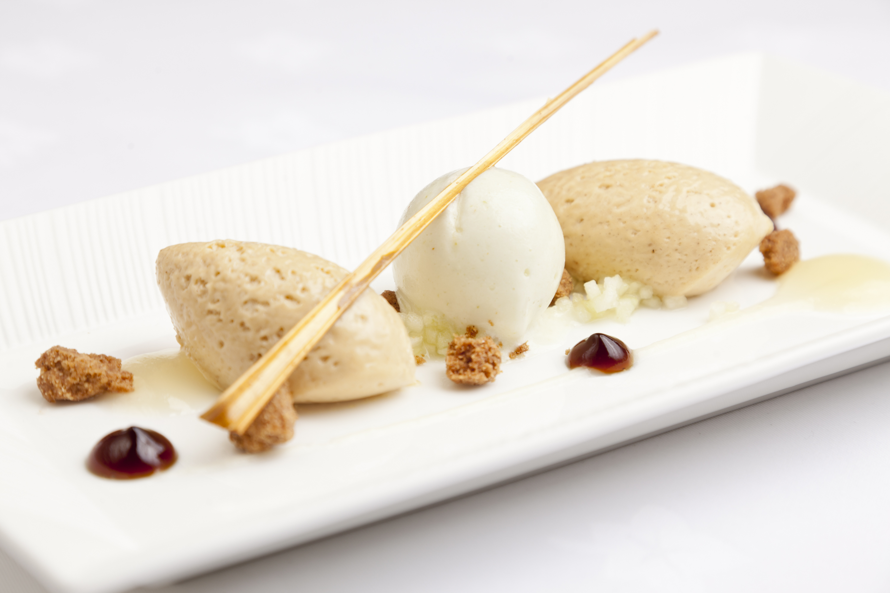 pic White Chocolate Mousse Ice Cream caramelised white chocolate mousse with streusel crumb