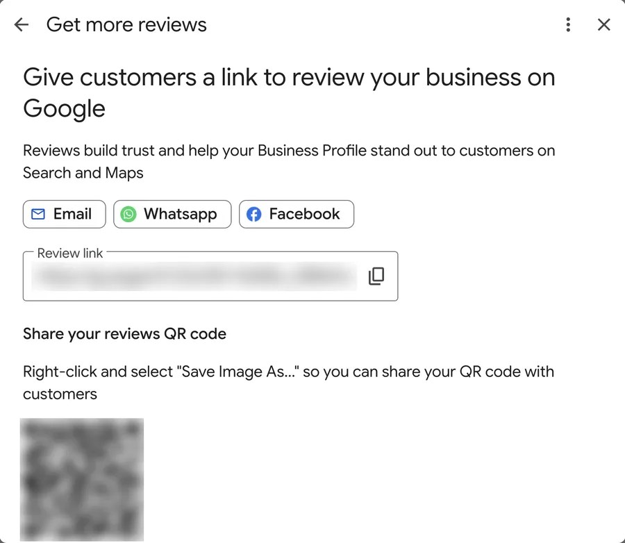 Google Business Profile Get more reviews screen showing the review link and the reviews QR code