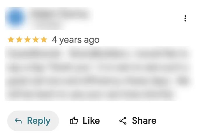 A Google review with the Reply button highlighted below it