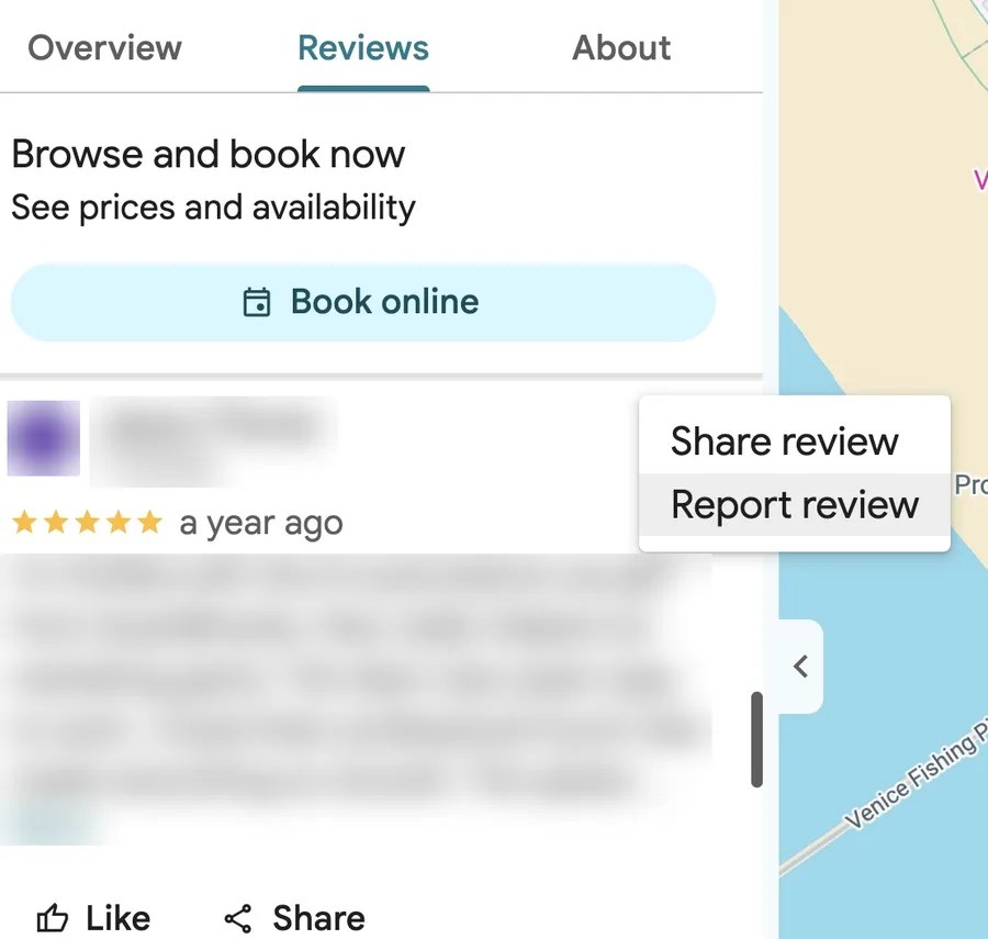 A Google review with its menu open, showing the Report review option
