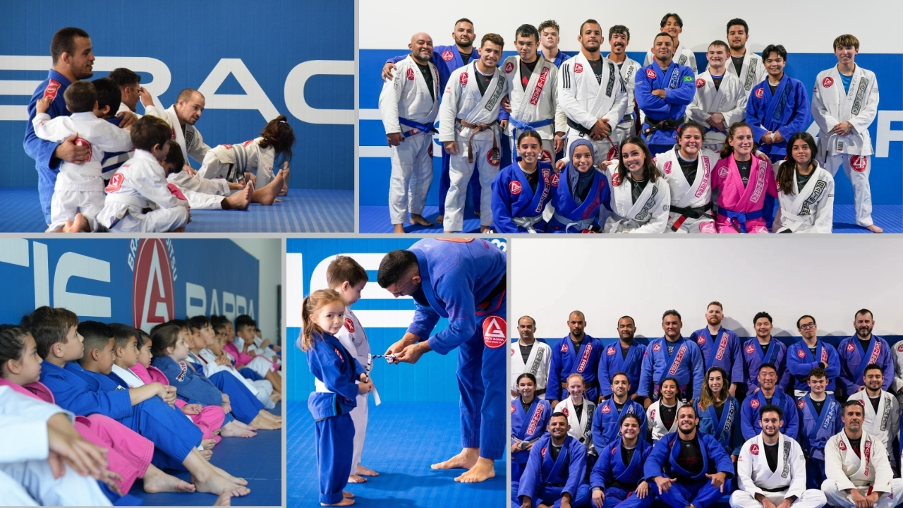 multiple pictures of gracie barra richmond texas studetns, bjj belt promotions and instruction