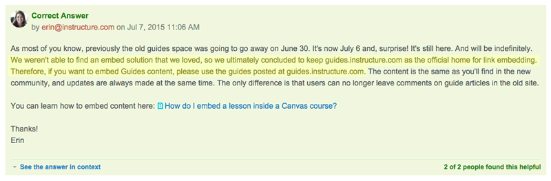 On July 17, 2015 Erin from Instructure announced: We weren't able to find an embed solution that we loved, so we ultimately concluded to keep guides.instructure.com as the official home for link embedding. Therefore, if you want to embed Guides content, please use the guides posted at guides.instructure.com.