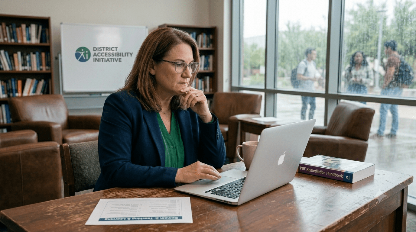 A woman with glasses works on a laptop at a wooden table, with a cup of coffee beside her. A sign in the background reads "DISTRICT ACCESSIBILITY INITIATIVE," and three people are blurred in the background outside a rainy window.