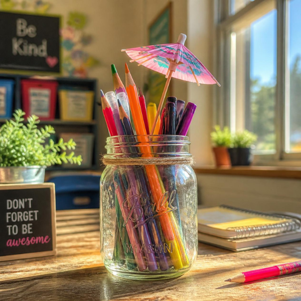 Mason jar of pencils and pens with a tropical umbrella