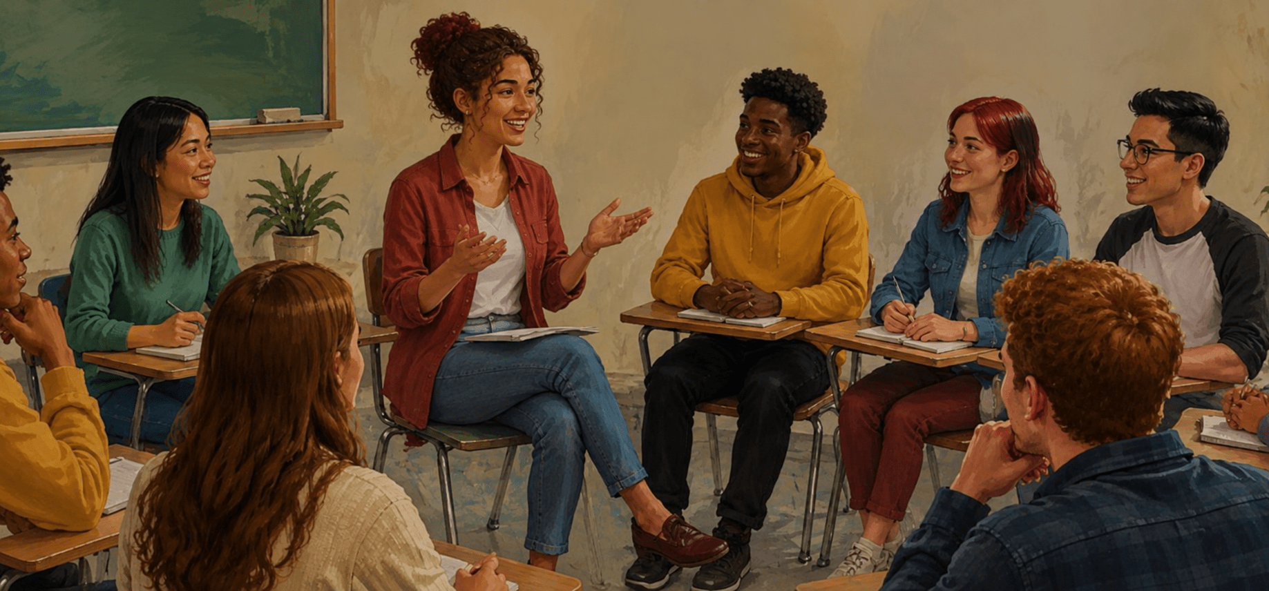 A diverse group of six students engaging in a discussion in a classroom, with a woman in a red cardigan actively speaking at the center.