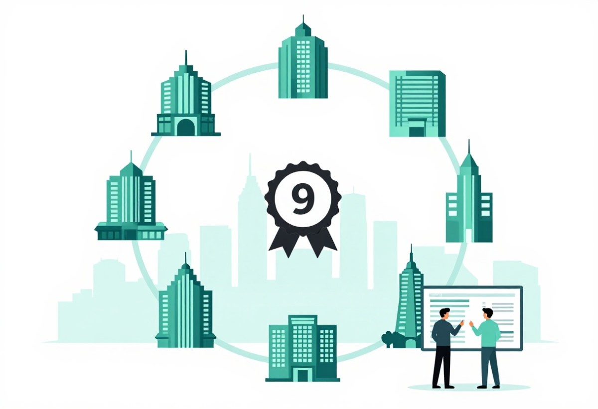 Illustration of nine city skyscrapers arranged in a circle around a "9" ribbon badge, with two people discussing data on a screen in the foreground.