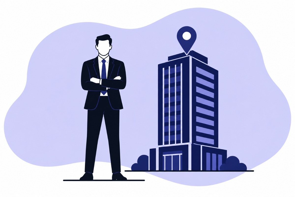 Professional businessperson standing beside a modern office building marked with a location pin, illustrating a corporate office or business location.