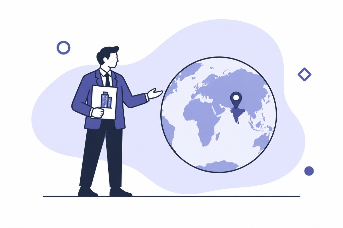 Business professional presenting a globe with a location pin over India, illustrating global business expansion and operations in India.